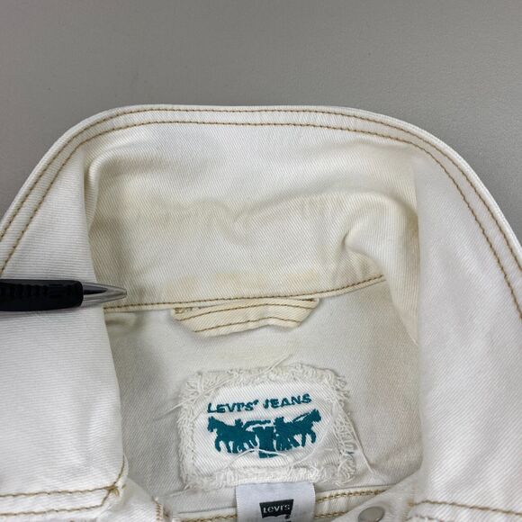 Vtg Levi’s Cropped Jean Jacket Womens Medium Beige Stretch Denim Trucker Y2K - Picture 8 of 16